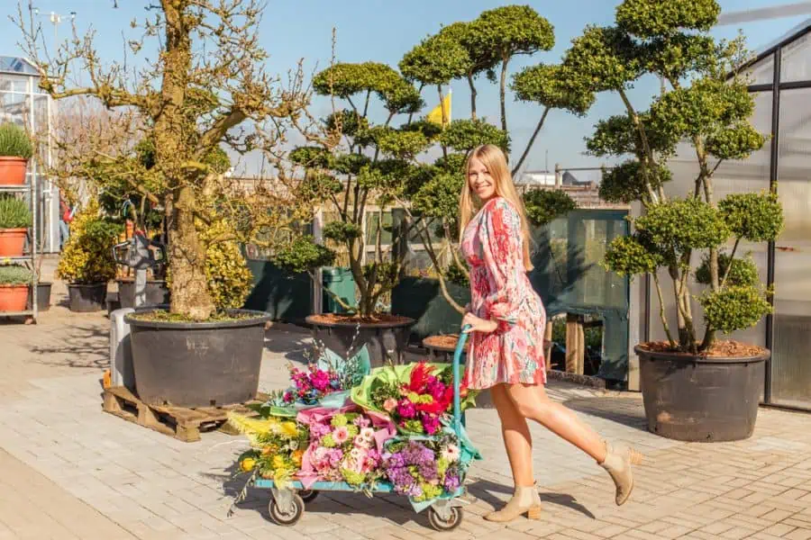 Gartencenter Harms in Keitum: Sylt Fräulein Finja mit Blumensträußen