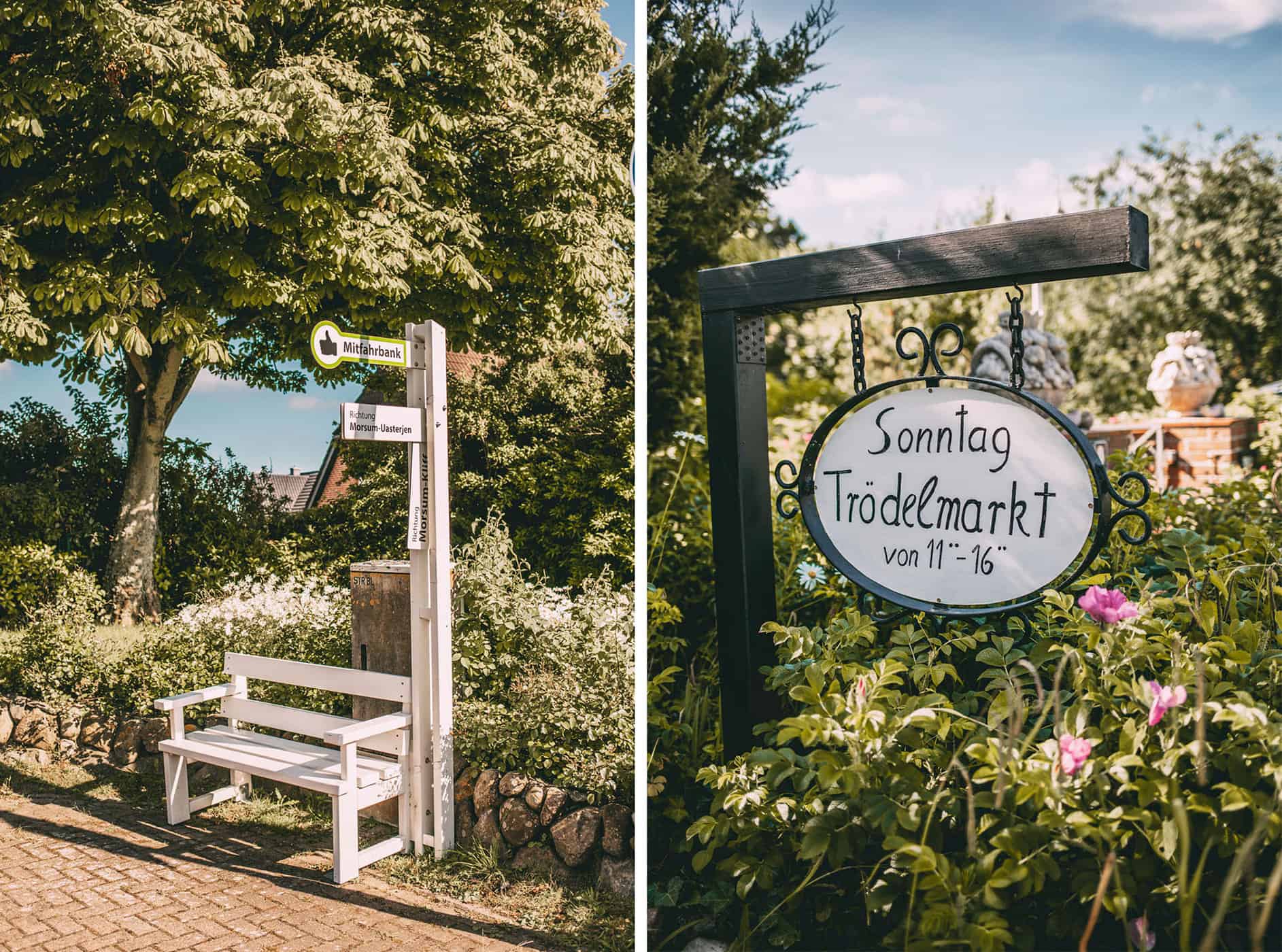 Mitfahrbank und Schild vom Trödelmarkt in Archsum