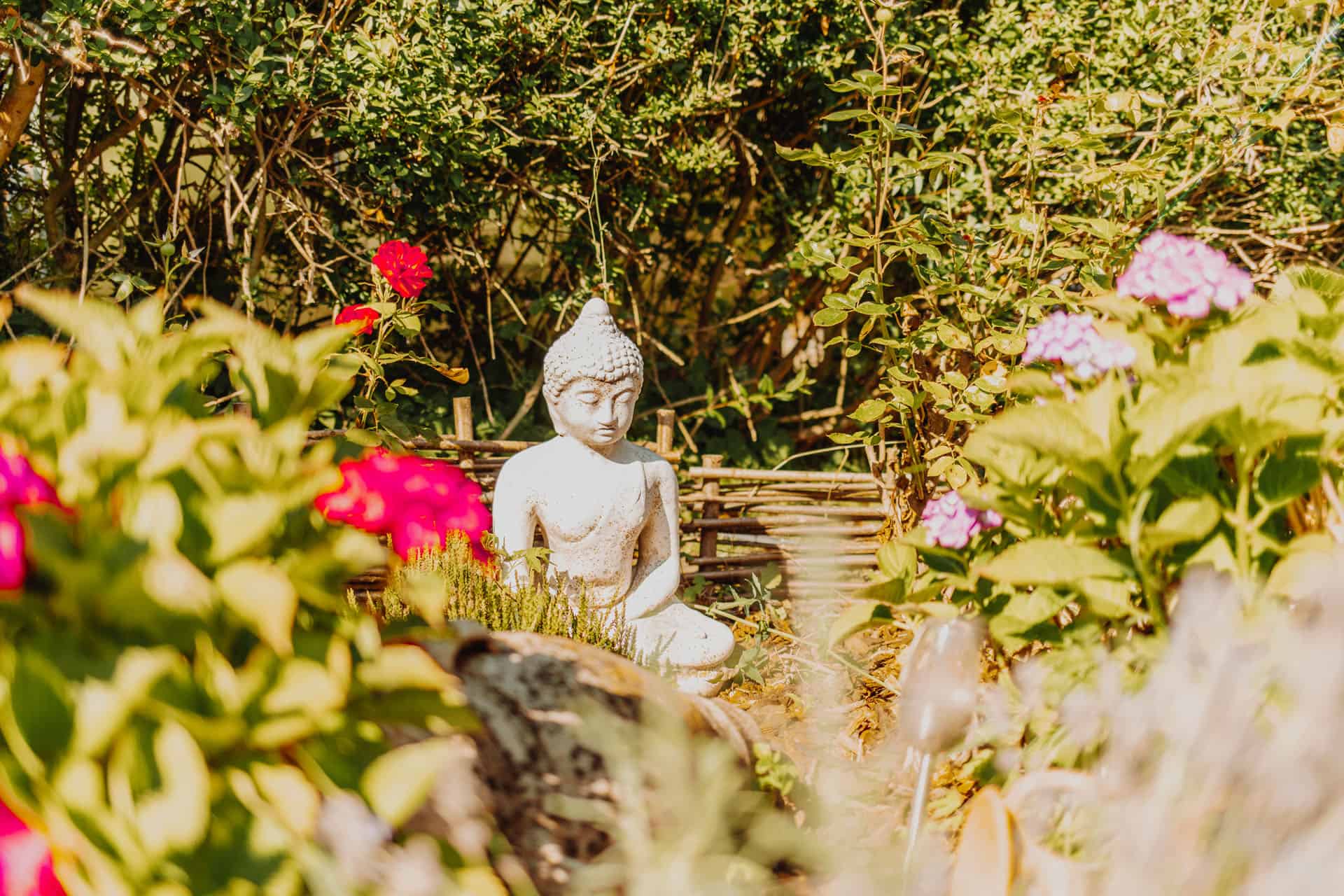 Kleingarten Sylt: Buddha Statue in Beet