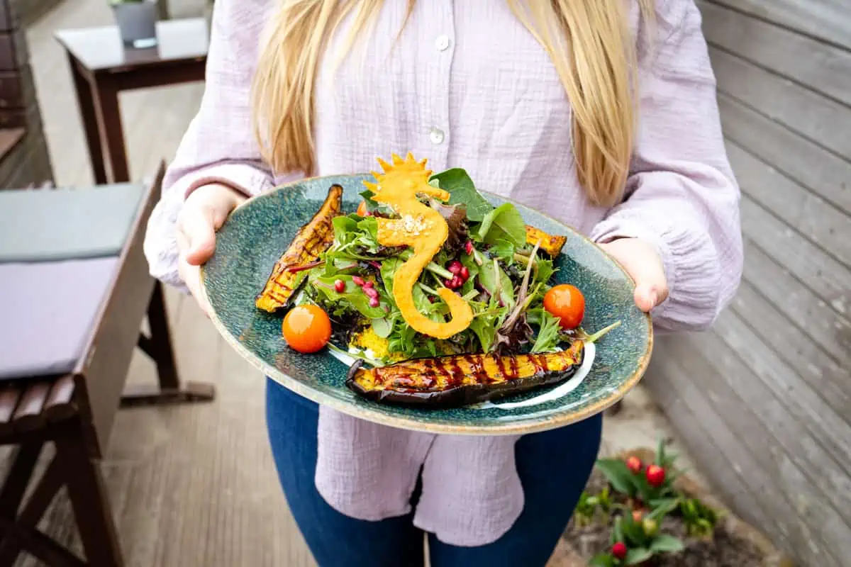 Ein Teller mit dem veganen Gericht aus dem Restaurant Samoa Seepferdchen 